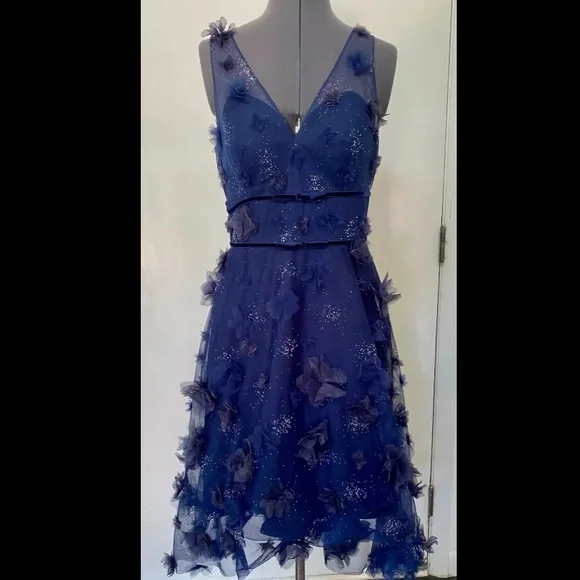 sachin and babi light blue dress MARCHESA NOTTE Strapless floral-appliquéd corded lace midi dress main image 1
